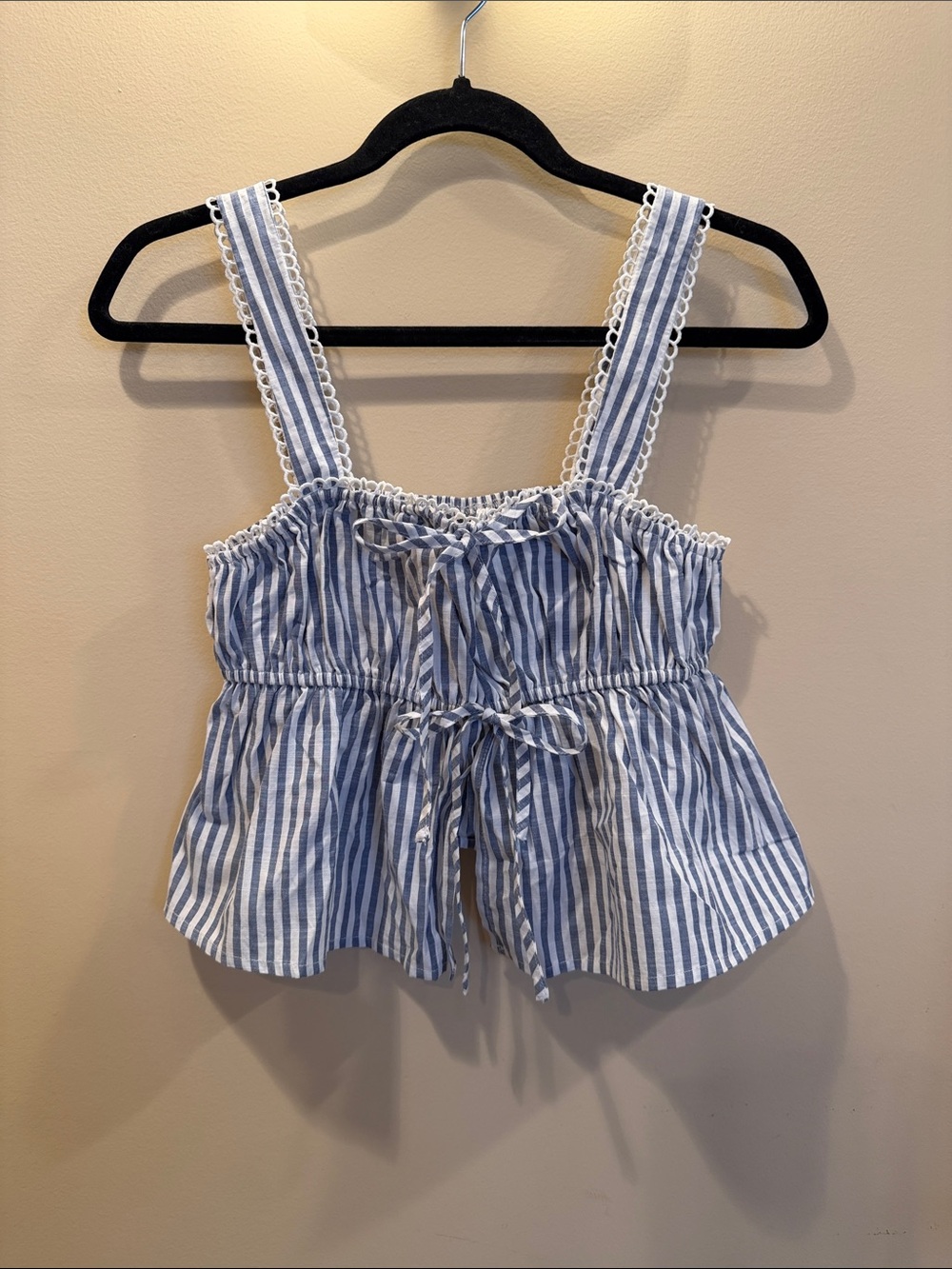 Cider Blue and White Striped Smocked Peplum Camisole